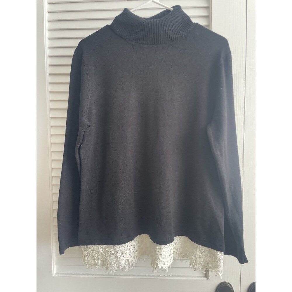 Investments Black Turtle Neck White Lace Trim at Bottom Long Sleeve Women's L